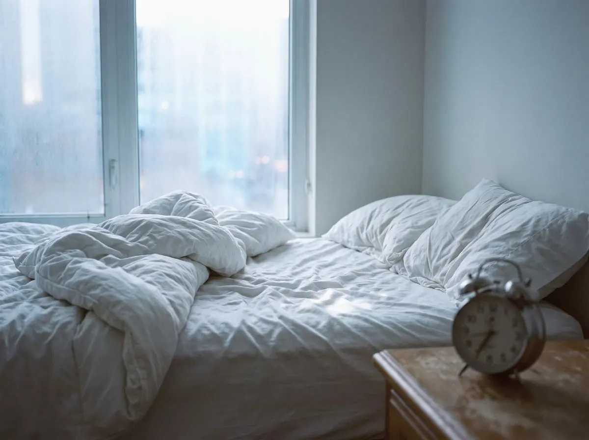 A rumpled bed beside a window in the small hours, faint blue light on the sheets