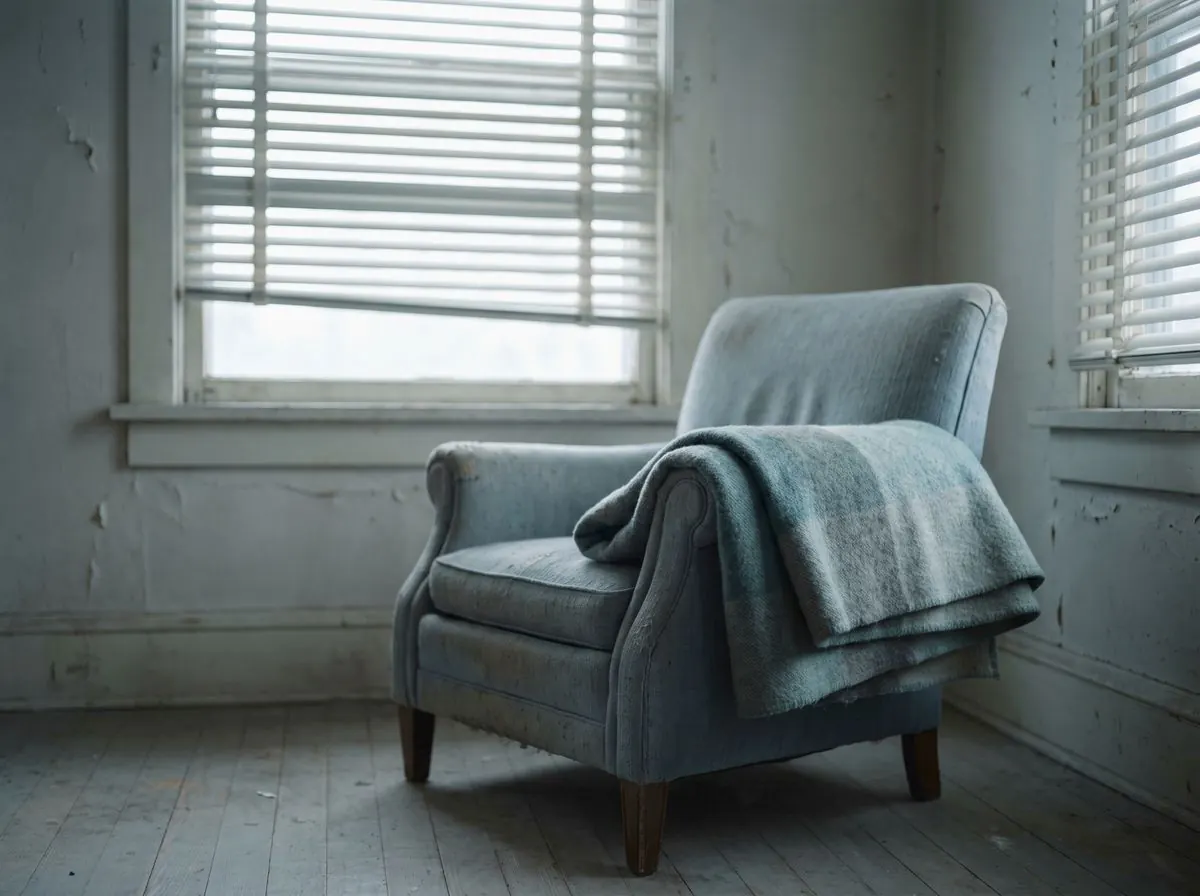 Flat grey morning light through half-closed blinds falling across an empty armchair