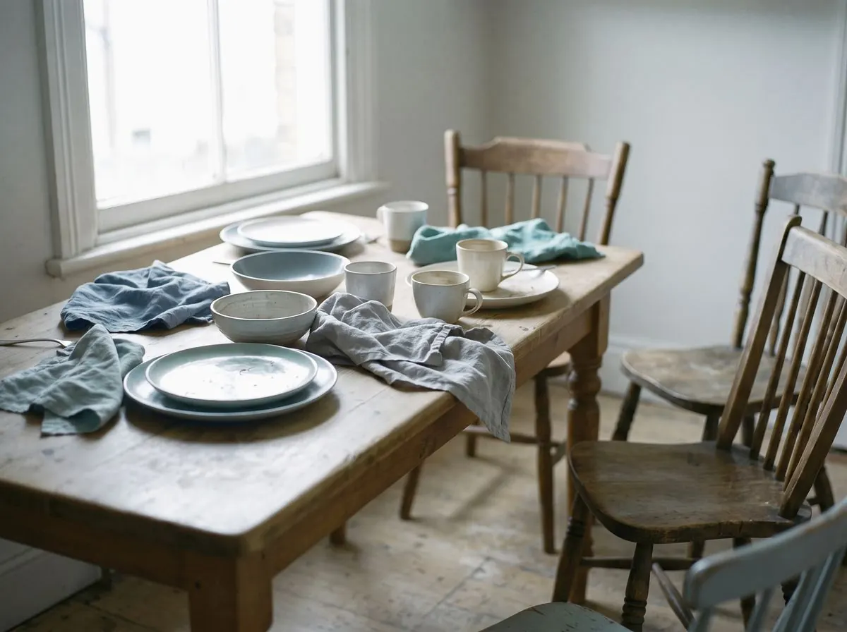 A kitchen table after a meal, chairs pushed back at odd angles, plates not yet cleared