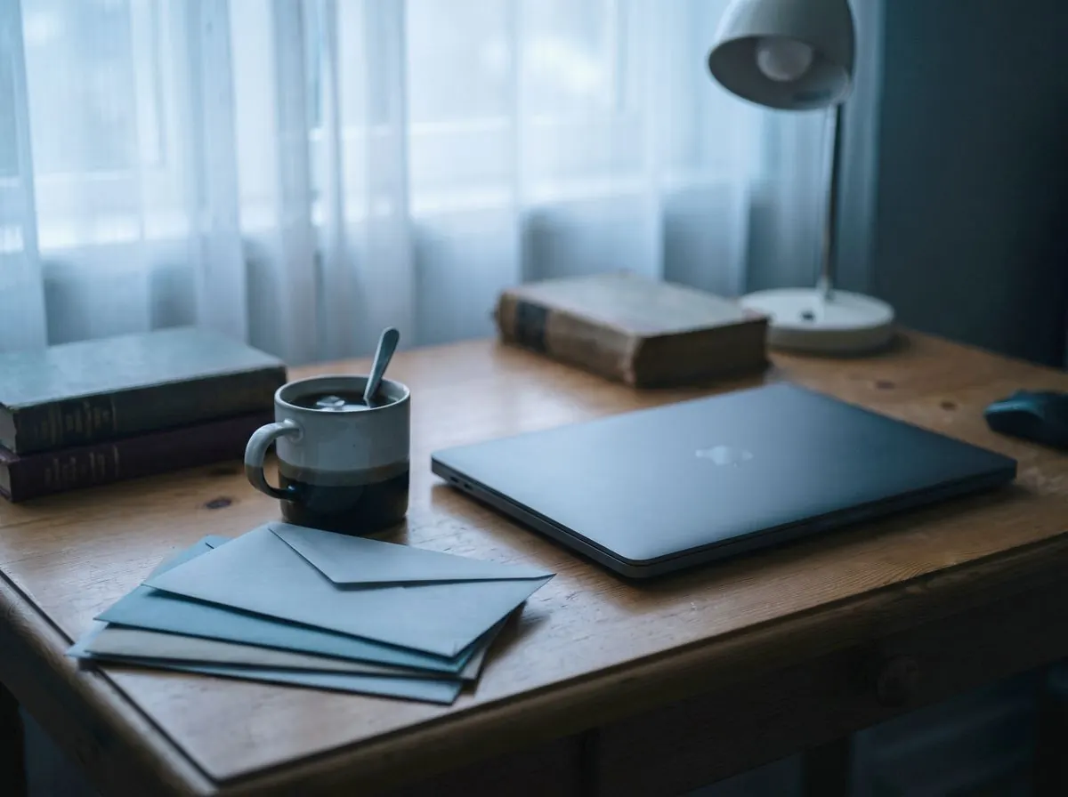 A home desk at dusk with a closed laptop, a cold mug of coffee and unopened mail