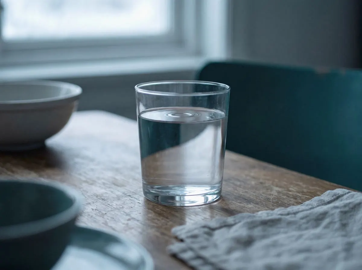 The still surface of water in a plain glass on a wooden table, a single ripple settling