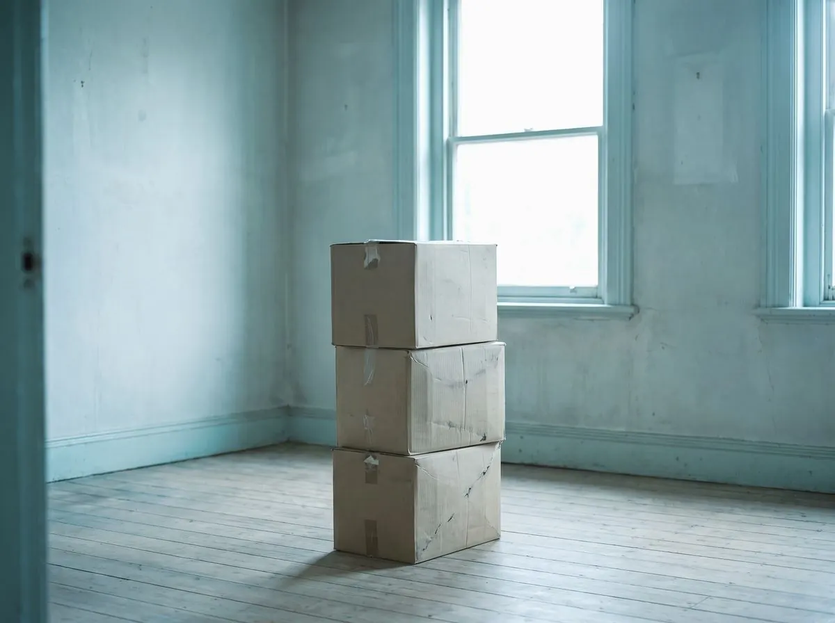 An empty room with pale walls, stacked moving boxes and a bare curtainless window