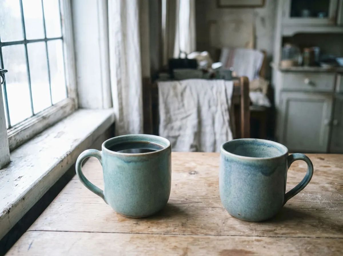 Two mugs on a small table facing each other, one still full and untouched