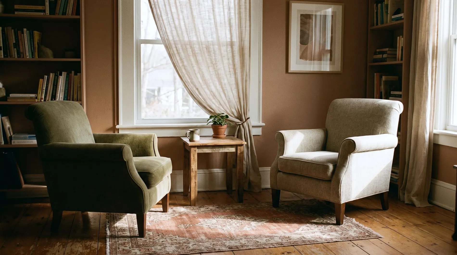A quiet consulting room with two armchairs facing each other beside a tall curtained window