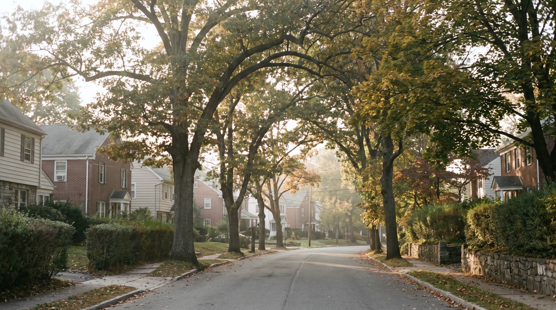 A tree-lined residential street in New Rochelle, Westchester County, in early autumn light